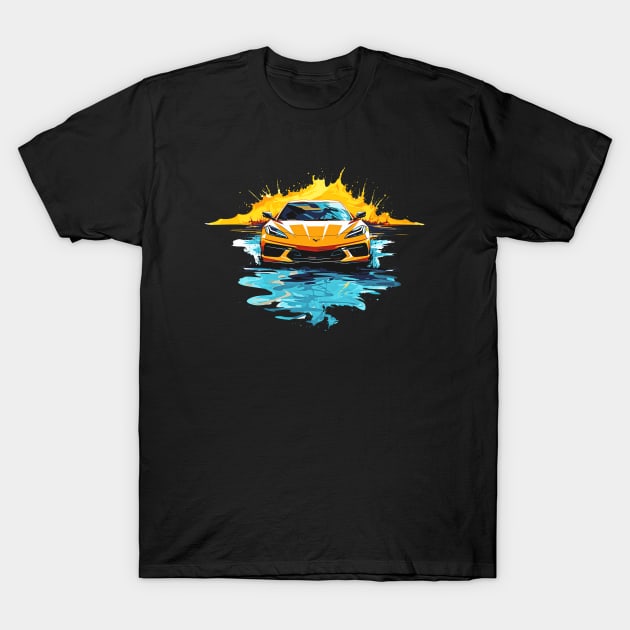 Orange C8 Corvette Racecar Splatter Art T-Shirt by Tees 4 Thee